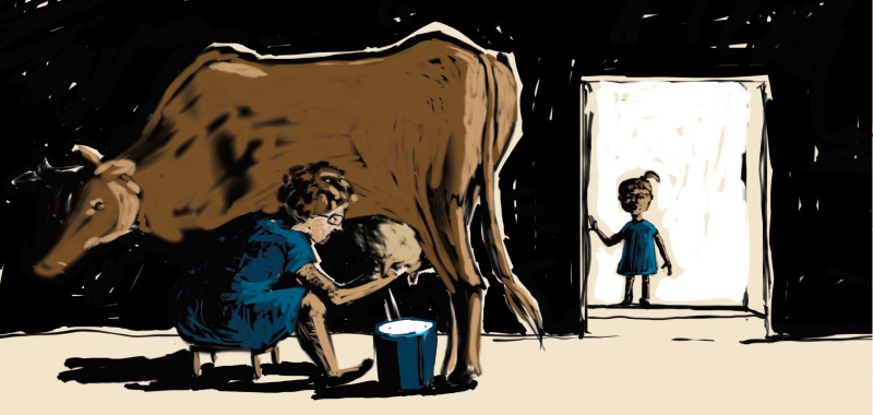 Comic story about country side, milking a cow by hand