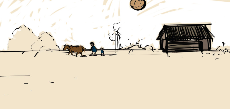 Comic story about country side, View with farmhouse and field