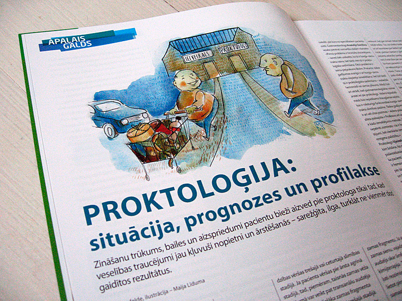 Ilustrācija žurnālā Medicus Bonus par proktoloģijas problēmu.