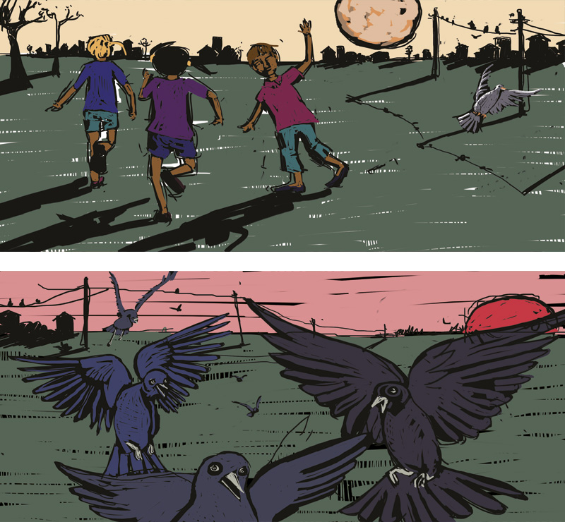 Comic 24h, Birds eating seeds, children running home
