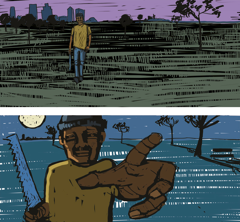 Comic 24h, man approaching with saw