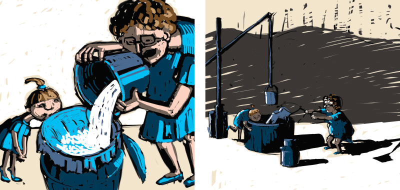 Comic story about country side, milk is transfered from one vessle to another