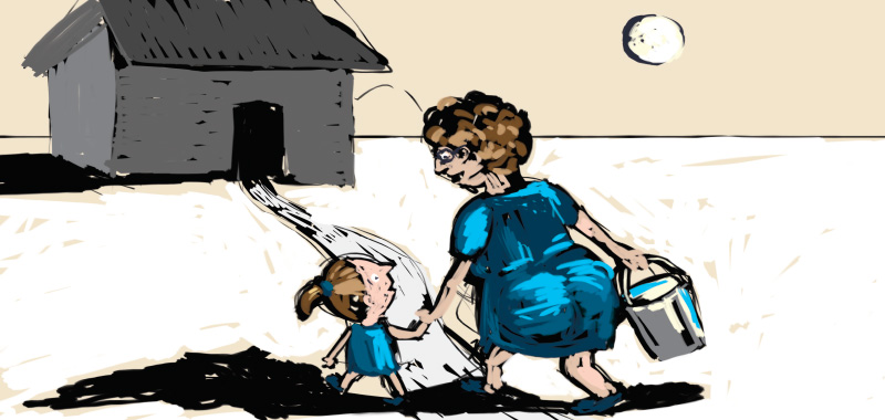 Comic story about country side, approaching to farmhouse