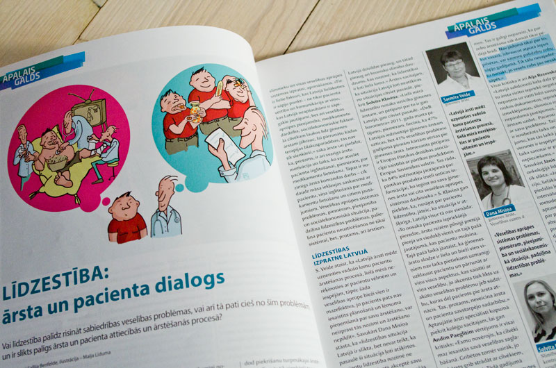 Ilustrācija žurnālam &quot;Medicus Bonus&quot;. Tēma: līdzestība, ārsta un pacienta dialogs.
