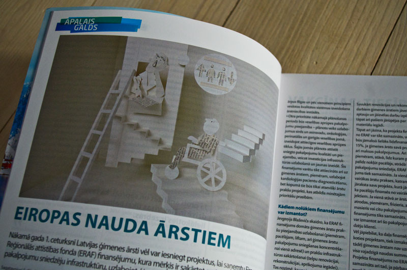 Ilustrācija žurnālam &quot;Medicus Bonus&quot;. Raksta tēma par eiropas naudas piesaisti ģimenes ārstu praksei. Publicēts 2013 gada oktobrī.