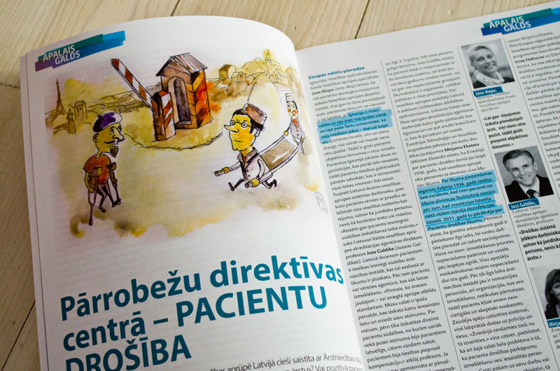 Ilustrācija žurnālam &quot;Medicus Bonus&quot;. Tēma: Pārrobežu direktīvas centrā - pacientu dro&amp;scaron;ība. Akvareļi.