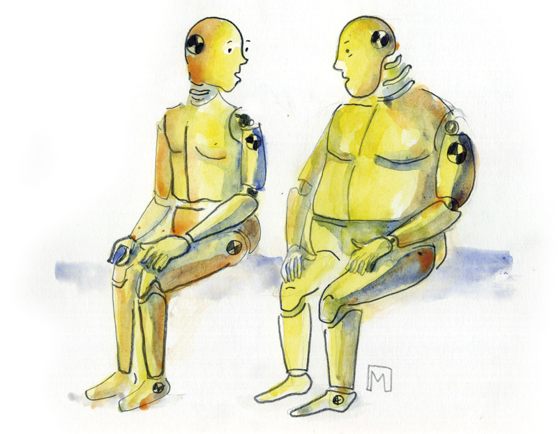 Overweight, crush test dummies, sitting